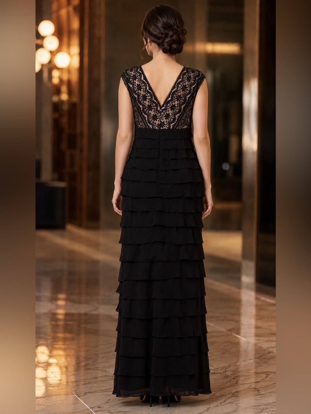 Adrianna Papell Boutique Black Lace Shutter Pleat Maxi Dress - Picture 2 of 9
